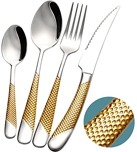 Xideman® 24-Piece Hammered Silver Gold Cutlery Set with Ultra Sharp 2-in-1 Serrated Knive, Golden 18/10 Stainless Steel Silverware Set, Flatware Set for 6 People, Knives Forks Spoons Set