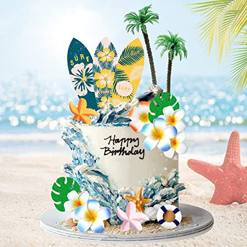 Summer Beach Happy Birthday Cake Topper Surfboard Palm Model Tree Umbrella Chair for Swimming Beach Party Luau Birthday Baby Shower Party Supplies (Surfboard)