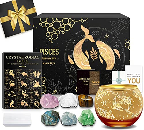 Aovila Fische Geschenke für Frauen Fische Teelichthalter Kerzenständer Kristalle Geburtssteine Geschenkbox Set Sternzeichen Astrologie Geschenke Geburtstagsgeschenke für Frauen Mama Beste Freunde