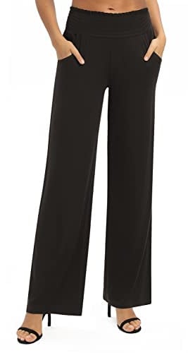 EXCHIC Femmes Solide Ample Jambe Droite Palazzo Pantalon Taille Haute Extensible Décontractés Pantalon avec Poches(L, Café)
