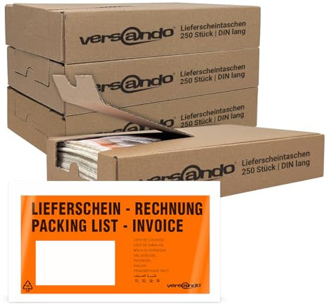 versando 4x 250 Lieferscheintaschen DIN lang selbstklebend Dokumententaschen Begleitpapiertaschen orange/schwarz bedruckt: Lieferschein/Rechnung in Spenderbox