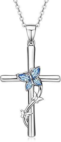 AINUOSHI 925 Sterling Silber Kette Damen Marquise Cut Blau Cubic Zirkonia Schmetterling Kreuz Halskette für Sie Frauen Mama Oma Freundin Geburtstag Muttertagsgeschenk Valentinstag