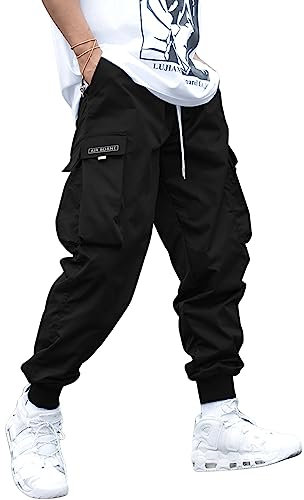 GORGLITTER Herren Cargohose Lang Hosen Cargo Hose Workout Pants Sweathose Freizeithose Streatwear mit Taschen Schwarz M
