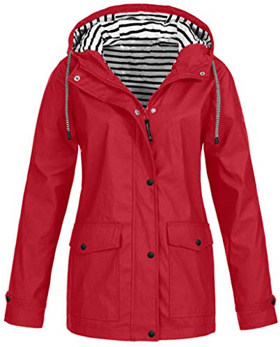 AMDOLE Ciré Femme Femmes Imperméable Pluie Imperméable Solide Veste À Capuche Coupe-Vent Manteau Extérieur Plus Manteau Femme Blouson Jean Femme (Red, M)
