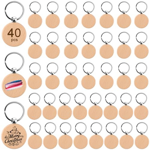 WOPPLXY 40 Stück Schlüsselanhänger Holz, Ø 4cm Schlüsselanhänger Holz Rund Dicke 7mm, Schlüsselanhanger Holzen Rohling für DIY, Basteln Dekoration Geschenke, Malerei