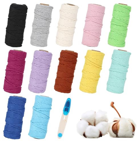 12 Stück Makramee Set, 2mm x 30M Baumwollgarn,Baumwollgarn 2mm, baumwollgarn zum häkeln, Baumwollkordel Natur, Baumwollseil Makramee Zubehör für DIY Handwerk Wandbehang Makramee