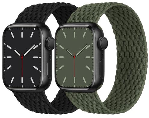 Solo Loop Geflochtenes Armband Kompatibel mit Apple Watch 42mm 44mm 45mm 46mm 49mm, Nylon Elastisches Band für Apple Watch 10 9 8 SE 7 6 5 4 3 2 1, Schwarz/Armeegrün M