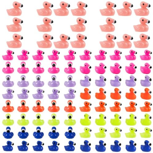 100 Stück Mini Flamingo Enten, Miniatur Flamingo Figuren Kunstharz Niedliches Kleines Tierspielzeug Partygeschenke Dekorationen für Garten Landschaft Puppenhaus DIY Bastelarbeiten (6 Farben)