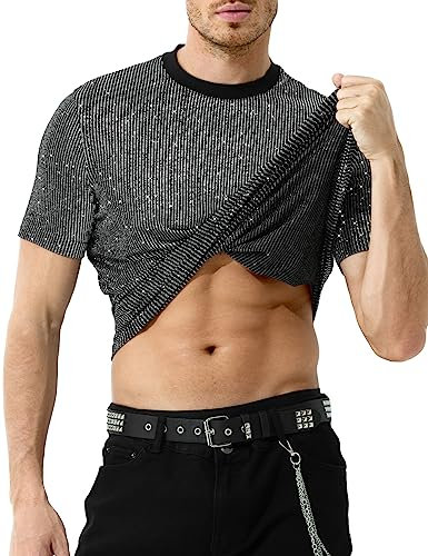 Mauro Kane Glitzer T-Shirt Herren Pailletten Kurzarm Tops Metallic Glänzend Shirt Party Oberteile Silber Streifen L