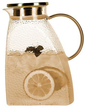 Glaskaraffe,1.5-1.8 Liter Karaffe Glas mit Deckel Glaskrug Karaffe mit Deckel Wasser Karaffen Wasserkrug mit Deckel HeißEs Kaltes Wasser Eistee Wein Kaffee Milch und Saft (Bernstein 1800ML)