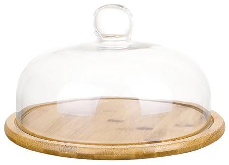 HOUSN 1 Set Kuchen Glasglocke mit Holz Keramik Teller Glas Käseglocke Tortenplatte Haube Dome Torten Glashaube Kuchenständer Lebensmittel Abdeckung Deckel für Patisserie,Weiß,24.8cm