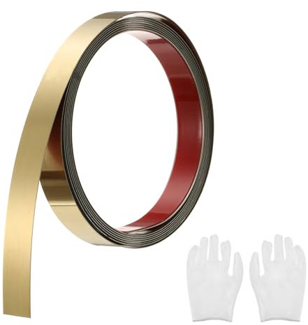 QUARKZMAN Baguette de Moulure Murale Auto-Adhésive en Acier Inoxydable, Finition Dorée Brossée à Coller, avec Gants, Moulure Décorative pour Miroir Mural, 0,78 x 9,8 Pieds