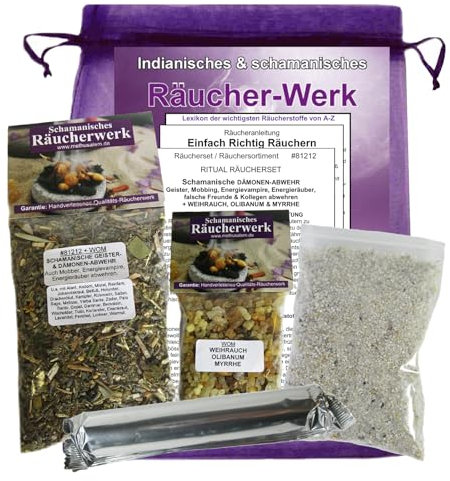 Räuchern gegen GEISTER- & DÄMONEN mit Weihrauch, Myrrhe, 6-tlg Räucherset: Negative Energie, Mobber, Energievampire, Energieräuber abwehren. Räuchermischung mit RÄUCHERZUBEHÖR, Räucheranleitung. 81212