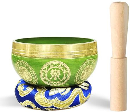 REGIS Tibetisches Klangschalen-Set, Achtsamkeits- und Stressabbau-Zen-Dekor, handgefertigt in Nepal für Heilung und Achtsamkeit, Grün, 7,6 cm