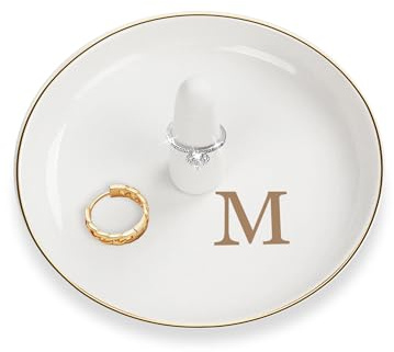 CulturaCraft Ceramic Ring Holder Dish - Monogrammed Jewery Tray Ring Dish Jewelry Holder Dish Room Decor, Personalized Engagement Wedding Gift Birthday Christmas Gifts for Women - Initial M