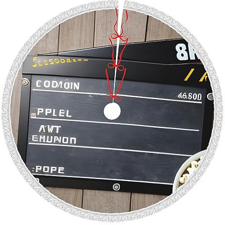 Cinema Movie Clapboard und Popcorn Weihnachtsbaum Rock mit Pompon, geeignet für Weihnachtsbaumrock 122 cm, Baummattenabdeckung