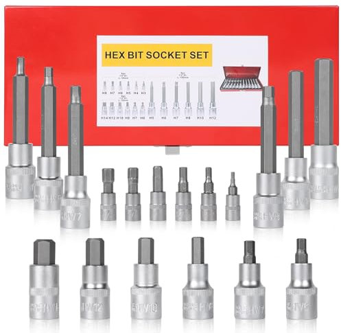 EFUTURETIME 18 Pièces Coffret a Douilles Allen 1/2 H6,H7,H8,H10 H12,H14 (55 mm de Long), 1/2 H5,H6,H7,H8,H10,H12 (100 mm de long) et 1/4 H3,H4,H5,H6,H7,H8 Douille Hex avce Coffret Métallique