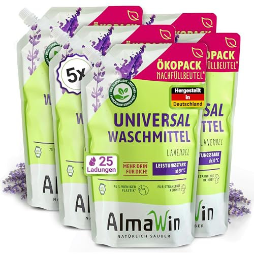 AlmaWin® Universal Bio Waschmittel flüssig 5x1,5L - 125 Ladungen mit Lavendelduft - Flüssigwaschmittel für strahlende Reinheit ab 30°C - Laundry detergent VEGAN im Öko-Pack Nachfüllbeutel