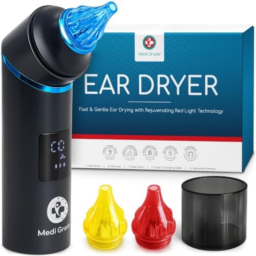 Medi Grade Elektrischer Ohrentrockner - Tragbares Warmluftgerät zum Ohren Trocknen mit Wohltuendem Rotlicht, Einstellbarer Temperatur und USB-C - Ideal nach dem Schwimmen oder Duschen