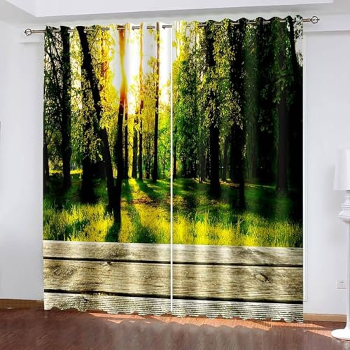Mesnt Küchen Gardinen 2Er Set, 132x244cm Gelb Grün Braun Sonnenbäume und -bretter Sommer Vorhang Blickdicht mit Ösen Thermovorhang Kälteschutz Vorhänge Wohnzimmer Schlafzimmer Wärmeisolierend