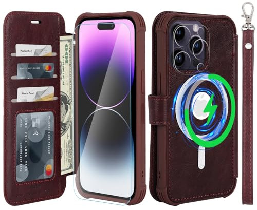 VANAVAGY Wallet Case Compatible for iPhone 14 Pro for Magsafe Wireless Charging,Leather Flip Wrist [Glass Screen Protectors]with RFID Blocking Card Holder,Burgundy