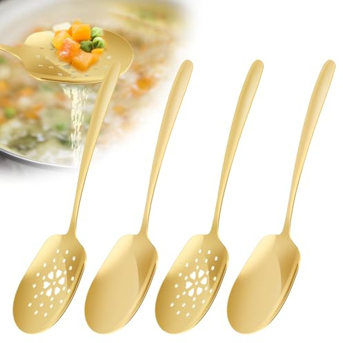 4PCS Large Serving Spoons Stainless Steel Buffet Serving Spoons Include 2 Large Serving Spoon and 2 Slotted Spoon Sering Utensils Set for Party, Banquet, Buffet, Dishwasher Safe(Golden)