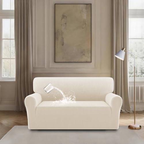 BellaHills High Stretch Sofabezug Moderne Sofaüberwurf, Wasserdicht Sofahusse für Wohnzimmer Protector für Hunde Haustiere, Elfenbein, 2 Sitzer(130-160CM)