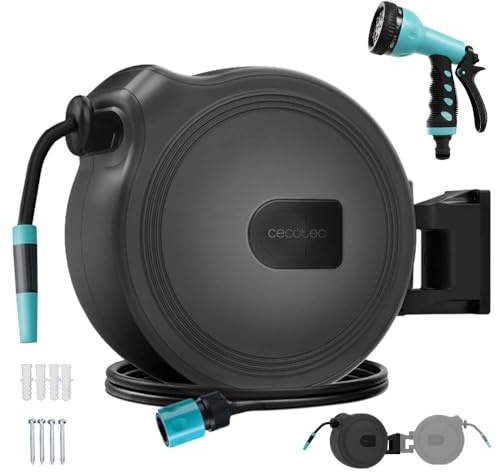Cecotec Schlauchtrommel HydroShell 10. 10 m Schlauch + 1,5 m Anschluss, SlowReturn Auto-Aufwicklung, 180° drehbar, tragbar mit abnehmbarer Trommel, 8 Strahlarten, Universalanschluss 3-in-1