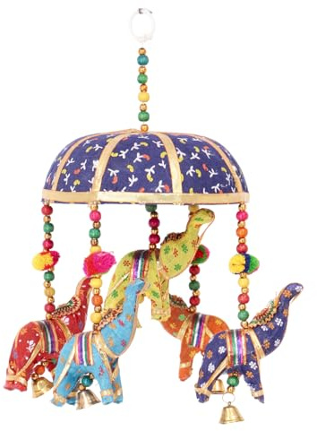 GURU SHOP Original Indisches Elefanten Mobile mit Glöckchen - Dunkelblau