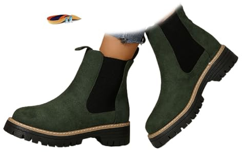 POIOZXD Stivaletti ortopedici da donna, comodi, in tinta unita, antiscivolo, con punta arrotondata, in pelle scamosciata, con tacco grosso, stivaletti Chelsea, Verde, 36 EU