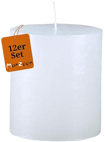 12er Set Rustik Mini Kerzen 4 x 4,5cm Stumpenkerze im Antik-Look (Weiß) | Teelicht Alternative, durchgefärbt, lange Brenndauer & rußarm, matte Struktur Oberfläche, Deko Kerzen aus Europa, Miniformat