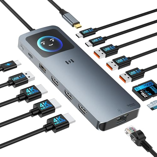 Docking Station USB C 3 HDMI Docking Station per Laptop 3 Monitor 13 in 1 USB C Hub Triplo Display con 3X 4K HDMI, 2,5G Ethernet, PD 100W, 5X 10Gbps USB 3.1, Smart Display, SD/TF per Dell HP
