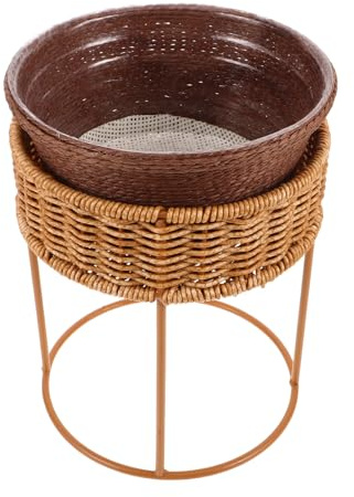 Yardenfun Kleiner Rattan Pflanzenständer Satz Tisch Blumenregal für Sukkulenten Kompakter Schreibtisch Pflanzkorb mit Wasserfestem Übertopf Vielseitig für Wohnzimmer Balkon und Büro