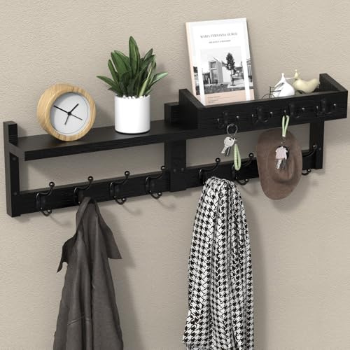 Verdego Garderobenleiste, 80x23.5x11.5cm, Wandgarderobe mit Ablage, 5 Verdeckten Garderobenhaken, Kleiderhaken Wand, Hakenleiste Garderobe für Eingang, Flur, Wohnzimmer und Schlafzimmer(Schwarz)