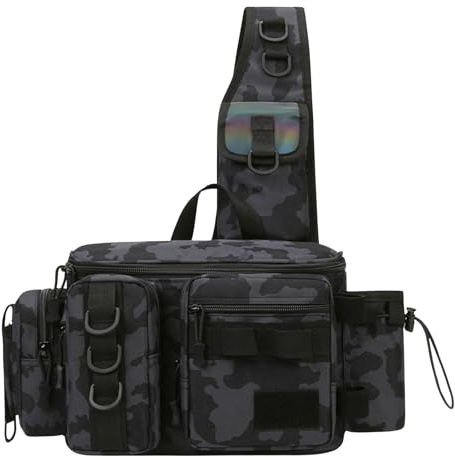 Zimoer Sling Angeltasche, Angelausrüstungstasche, Angeltasche mit Rutenhalter Wasserdicht, Angel Werkzeugtasche Schultertasche Brusttasche, Crossbody Bag für Angeln Camping Outdoor (Schwarze Tarnung)
