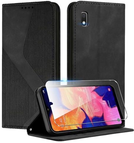 Coiwxmoi Handyhülle für Samsung Galaxy A10 Hülle mit 1 Panzer Schutz Glas, Premium Lederhülle mit Kartenfächern, Magnetverschluss und Standfunktion, Flip Wallet Schutzhülle, Schwarz