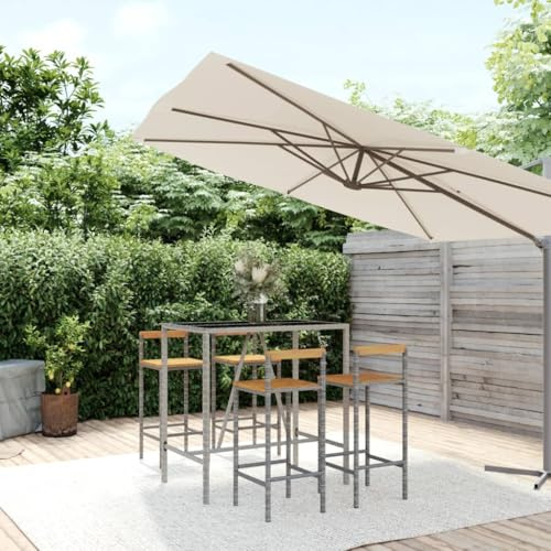 LoogCape 5-TLG. Gartenbar-Set Grau Poly Rattan & Massivholz Akazie, wetterfestes Outdoor Möbel Set für Terrasse, Balkon und Garten, inklusive 4 Barstühle