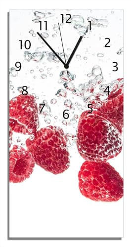 Wallario Design-Wanduhr, Acrylglasuhr Größe 30 x 60 cm, Schwarze Zeiger, Motiv Sprudelnde Himbeerfrische