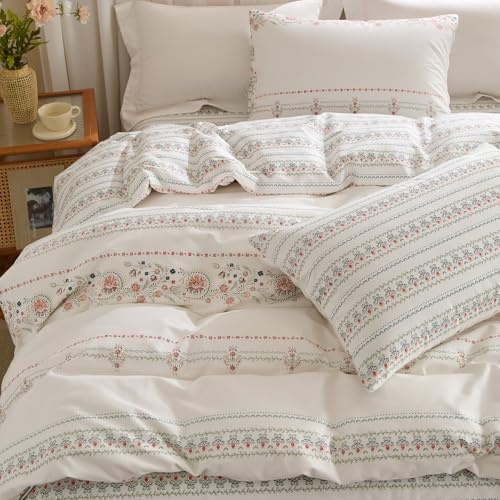 Sedefen Boho Bettwäsche 155x220 Baumwolle Weiß Blumen,Oeko-TEX Zertifiziert | Baumwollbettwäsche,Renforce Bettwäsche,Leinenoptik Bettwäsche für Allergiker,Bettbezug mit Reißverschluss 1 Kissenbezug 80x80