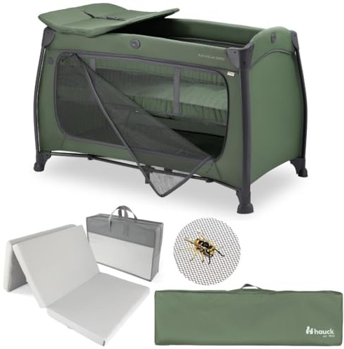 hauck Play N Relax Center Baby Reisebett Set – Dark Green | inkl. Matratze & Insektenschutz | Kinderreisebett mit Neugeboreneneinsatz, Wickelauflage, Seiteneingang, Rollen & Tasche
