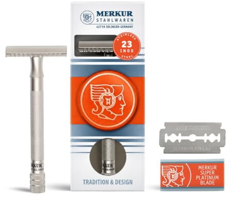 MERKUR Edelstahl Rasierhobel 25 INOX | Seidenmatt | Dreiteiliger Premium Rasierer mit geradem Schnitt | Offener Zahnkamm | Ideal für Nassrasur | Made in Germany