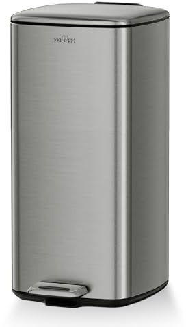 mVm Papelera de Cocina Slim de Acero Inoxidable, 30L Diseño Rectangular Alto y Estrecho, Tapa Fina con Cierre Suave, Cubo Interior Extraíble, Pedal Antideslizante, 4 Colores Gris