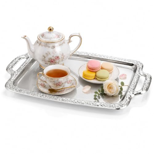 NUOBESTY Silver-Tone Serving Tray, Vintage Metal Platter, 39 x 23 cm | Rectangular European-style metal tray for bread, pastries, snacks and desserts; suitable for tables, kitchens and vanities