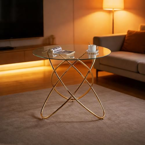VILUXE Esstisch 80 X 80 cm Mit Glasplatte, Esszimmertisch Mit Goldfarbenem Metallgestell, Moderner Küchentisch Dining Table Für Wohnzimmer, Küche Und Esszimmer, Gold