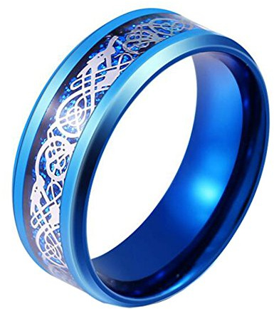 HIJONES Herren Edelstahl Blau Keltischer Drachen Ring Mit Carbon Fiber Inlay Ehering 8MM Größe 68