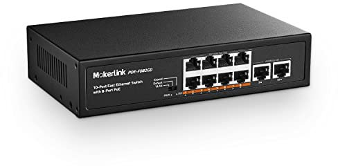 mokerlink 10 Porte Switch Poe, 8 Poe+ 100Mbps, 2 Gigabit Uplink, 96W 802.3af/at, Metal, Fanless, Plug & Play Ethernet Switch