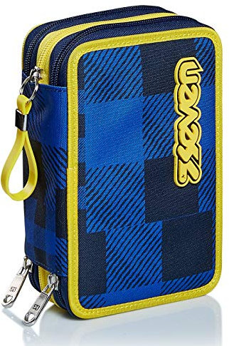 Seven Federmäppchen, Mäppchen, Mehrfarbig, Federtasche für Schreibwaren, Etui mit Stiften, Kugelschreiber, & mehr, 3 Fächer, Mädchen & Jungen, Schule - Grundschule, XXL Check gelb/blau kariert