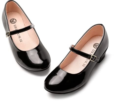 MIXIN Kids Children School Shoes Black Uniform Shoes for Girls with Low Block Heel Size 3