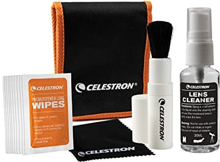 Celestron 93576 Kit pulizia obiettivo Include 10 x salviettine, liquido detergente, panno per lenti e spazzola retrattile in una custodia morbida, Nero/Arancione