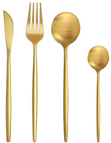Matte Gold Cutlery Sets 16 Pieces, Bestdin Elegant Stainless Steel Cutlery Set, Kitchen Cutlery Set for 4 People, Suitable for Home/Party/Restaurant, Gold Titanium Coating and Dishwasher Safe